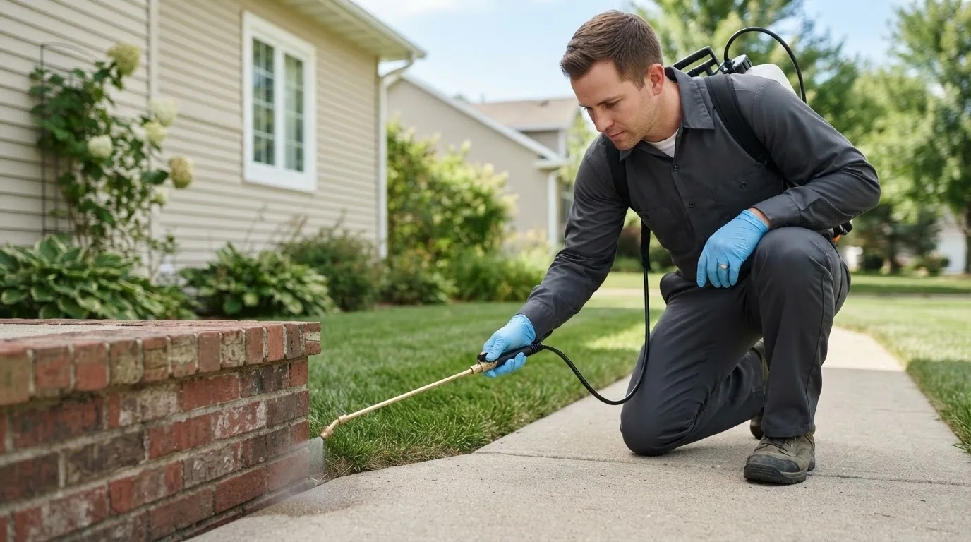 Pest control technician treating a home near Junction City, WI